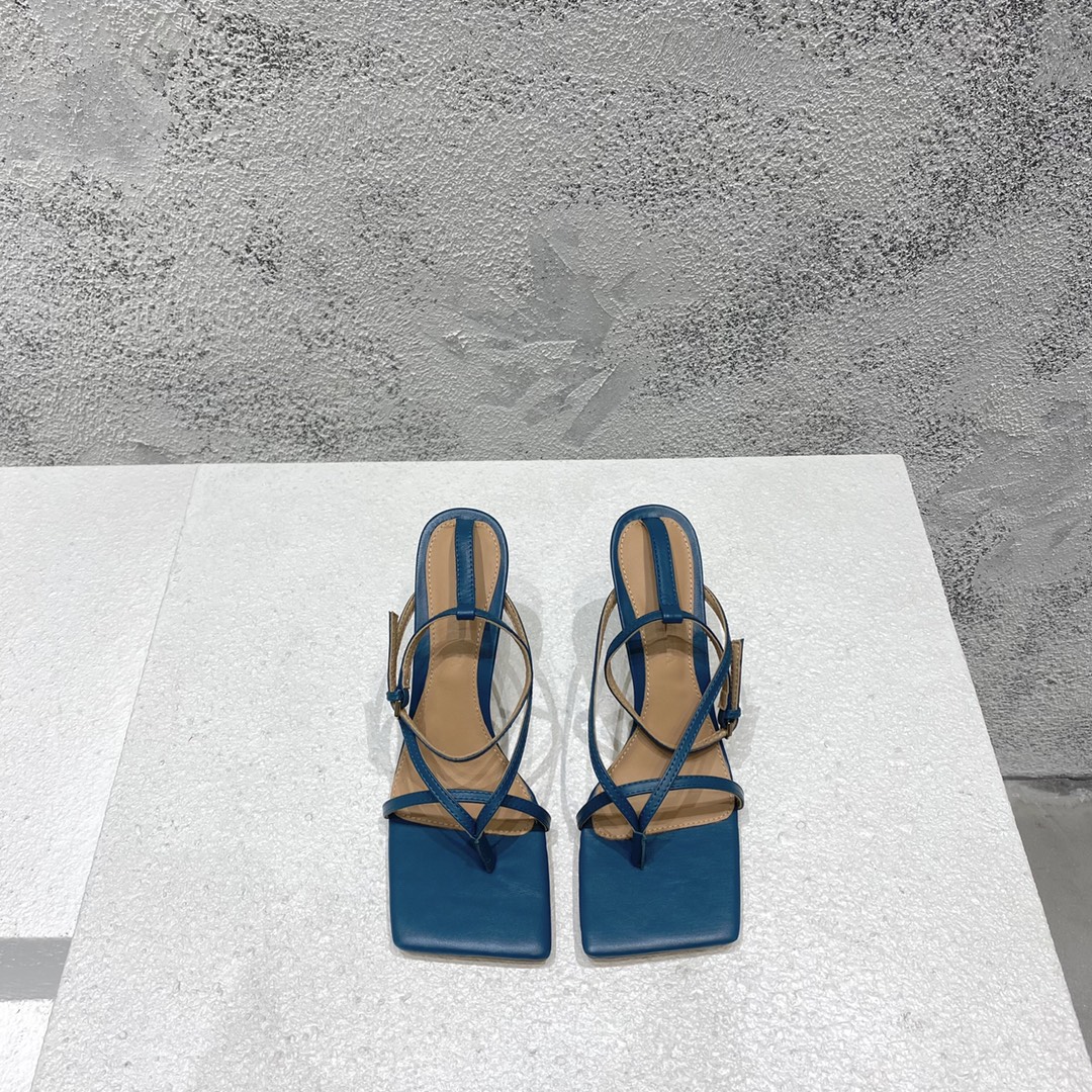 Bottega Veneta High Heel Sandals Lambskin Square Toe Ankle Strap Dark Blue