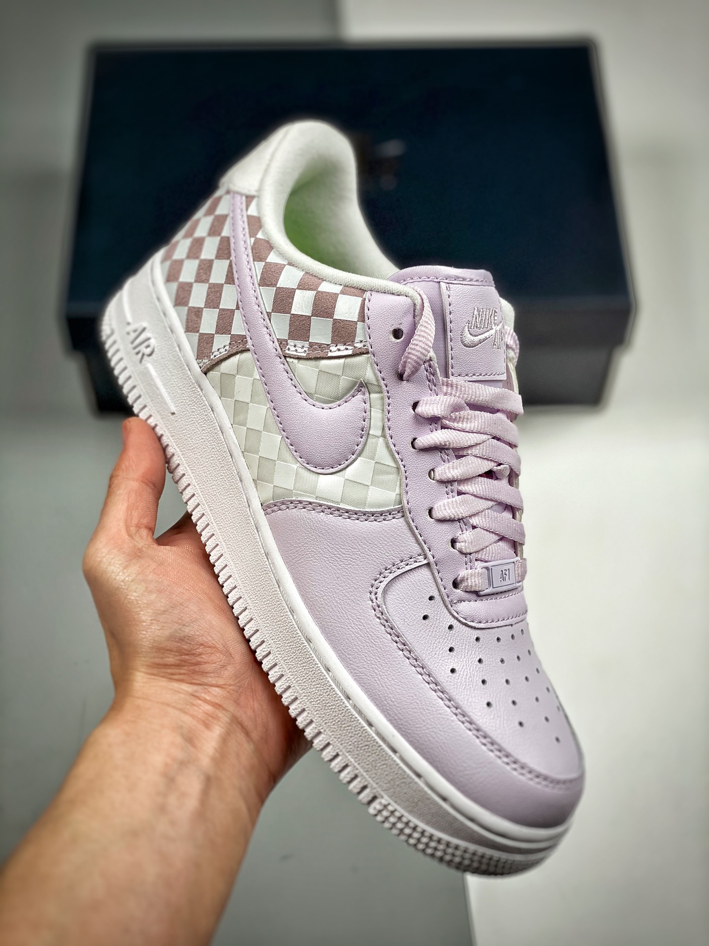 Nk Air Force 1 Low '07 Blanco y púrpura, horma original y cartón original para crear la auténtica forma de la Fuerza Aé…