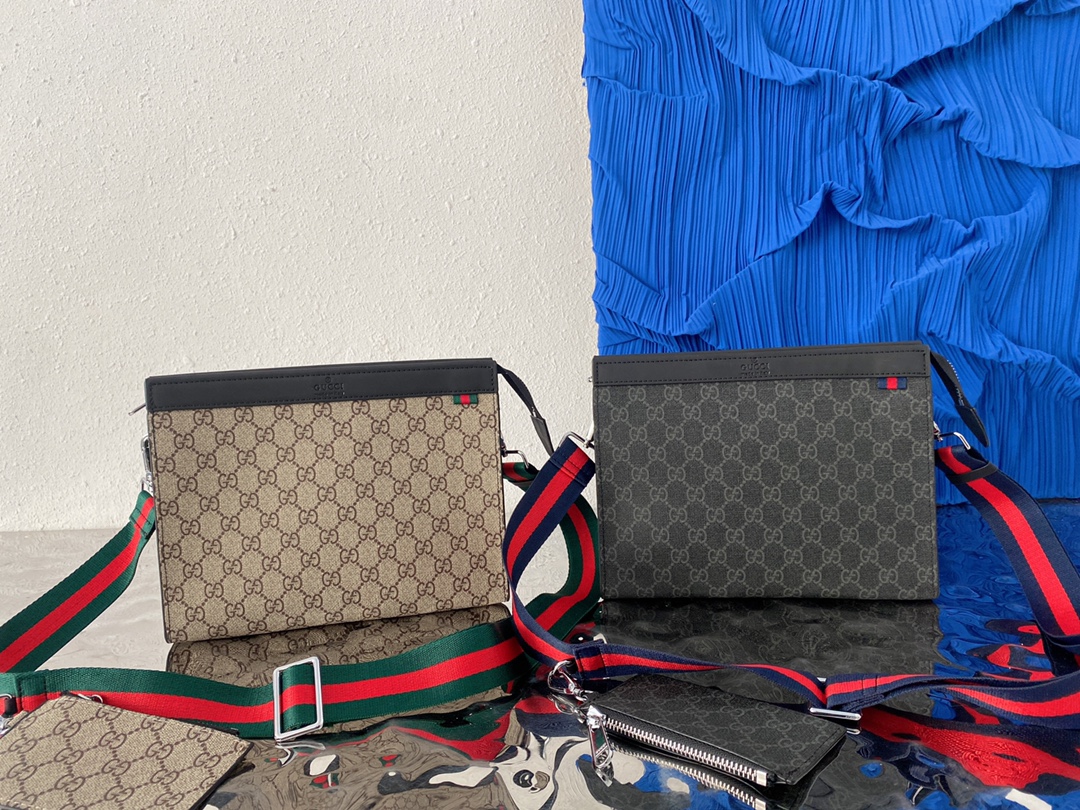 I5  Gucci 古奇   GG印花彩带二合一手拿包 男士单肩包 斜跨包采用精湛镶嵌细工，实物拍摄 原厂原版面料 配送小票 礼盒 20 x 26 cm。