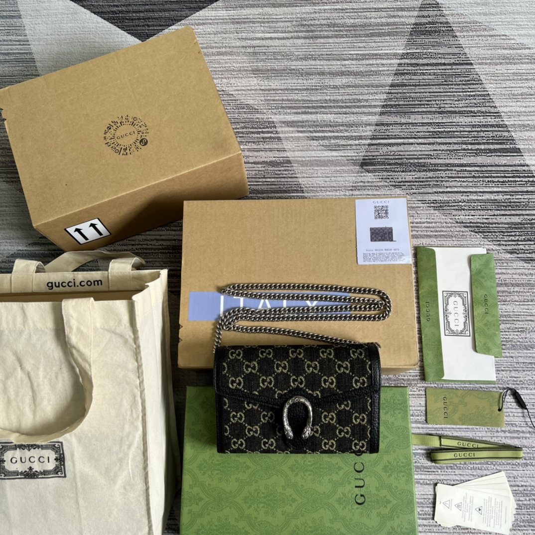 GUCCI Black Denim WOC Chain Bag Pig-embossed Leather