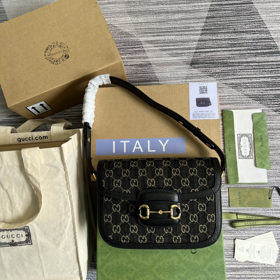 GUCCI Saddle Bag Black Denim Pigskin Leather 25cm