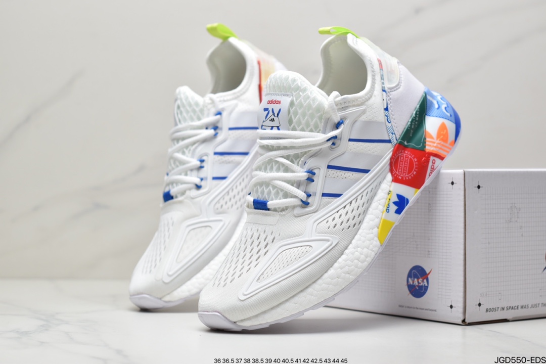 Adidas ZX 2K Boost low-top all-match running shoes ”Mesh white and blue graffiti print LOGO” GX2718