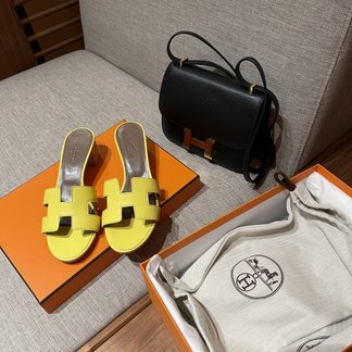 Hermes Shoes High Heel Pumps Buy Luxury 2023 Lemon Yellow Sewing Summer Collection