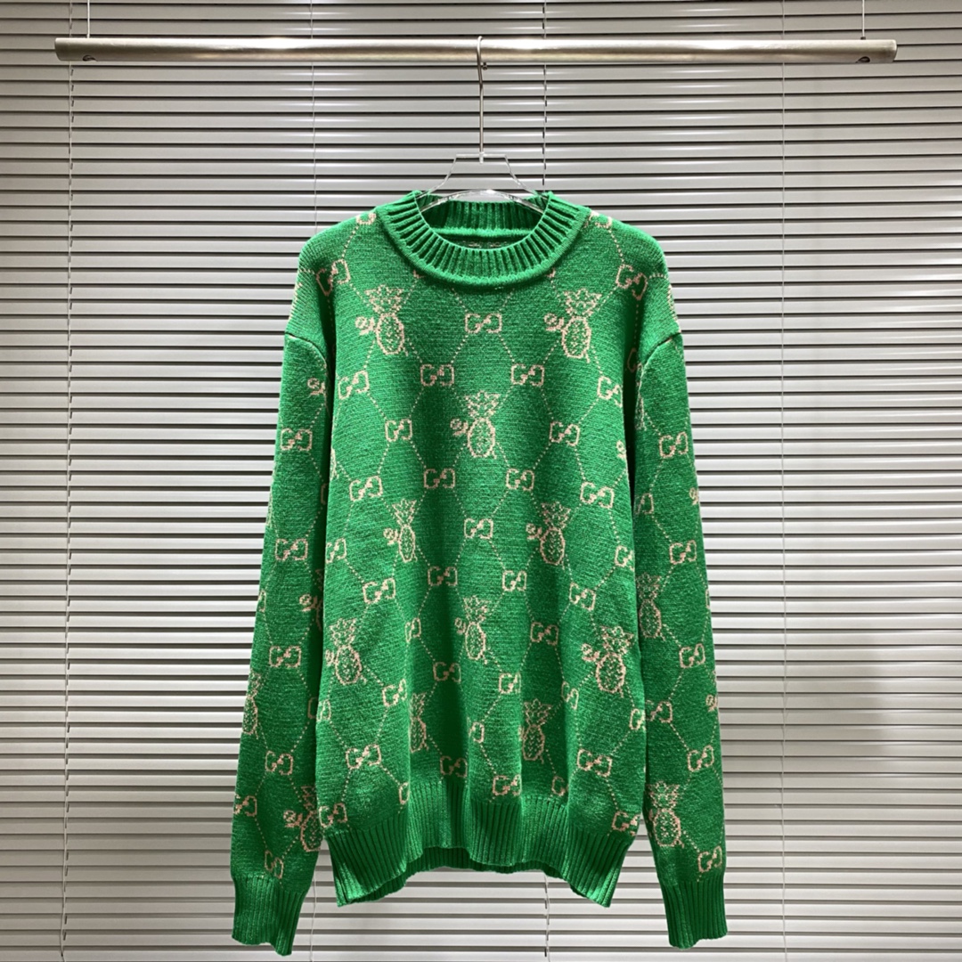 Suéter de cuello redondo de punto jacquard con pequeño logo de doble G y patrón de piña de Gucci, color: verde, tallas:…