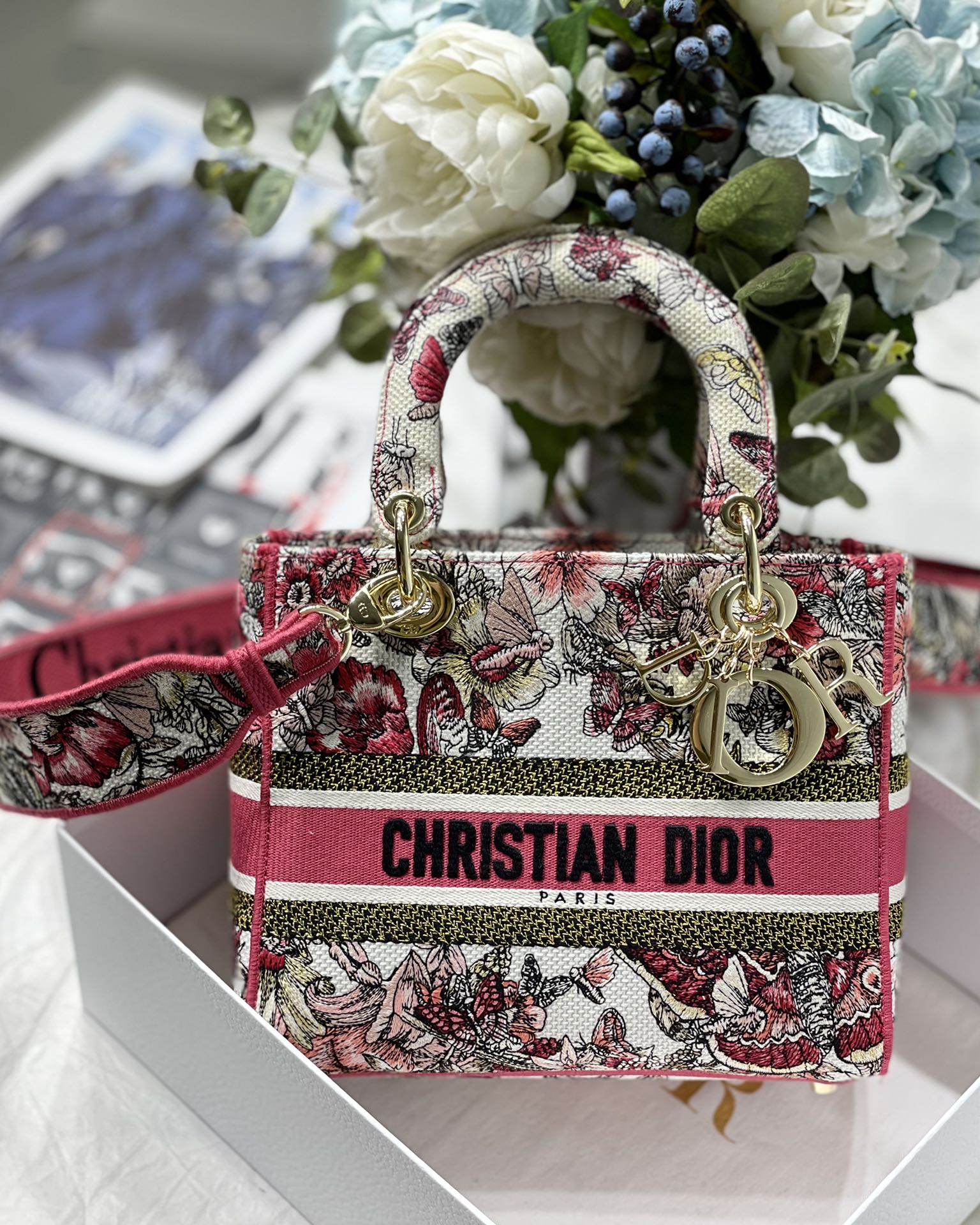 DIOR Lady D Embroidered Butterfly Fabric Handbag