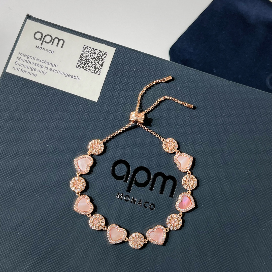 APM Monaco粉母贝心相连可调节手链