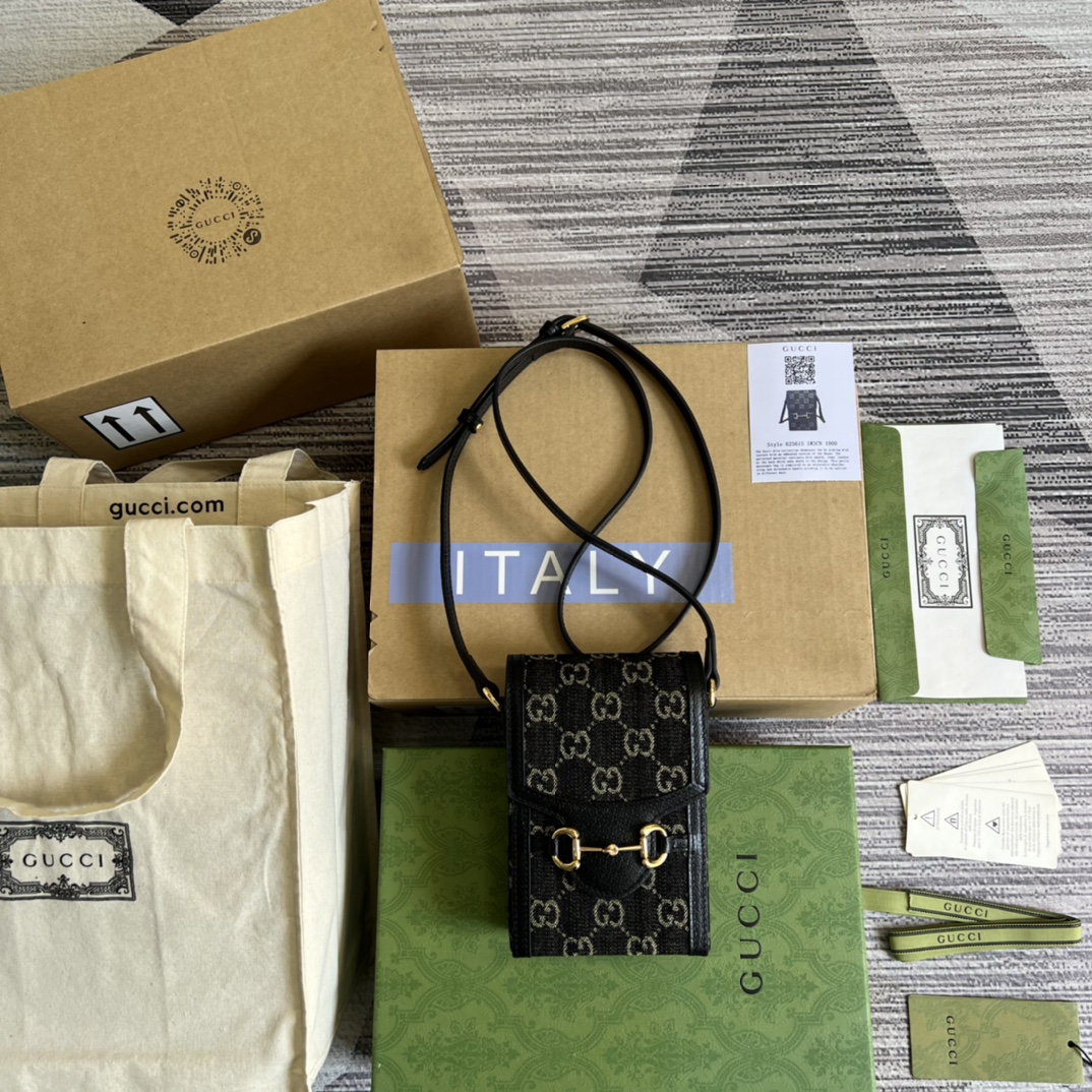 GUCCI 1955馬銜扣 老花牛仔布 手機包