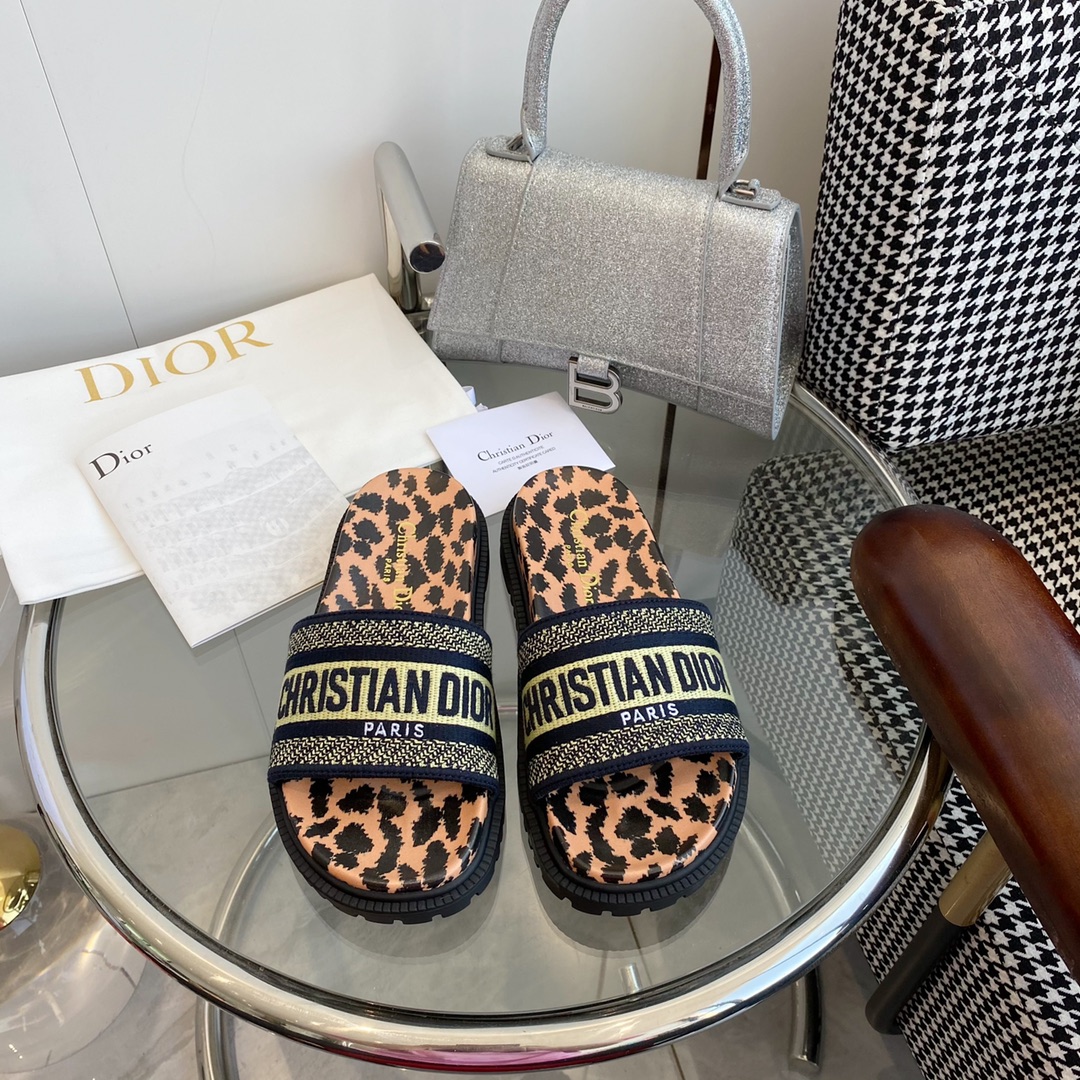 Dior Shoes Slippers At Cheap Price
 Leopard Print Embroidery Cotton Cowhide Rubber Mini