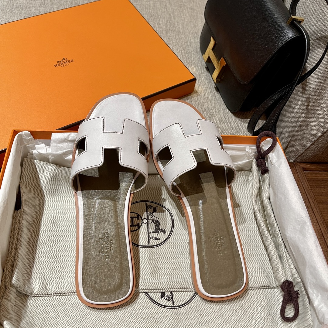 Hermes Shoes Slippers White Sewing Summer Collection