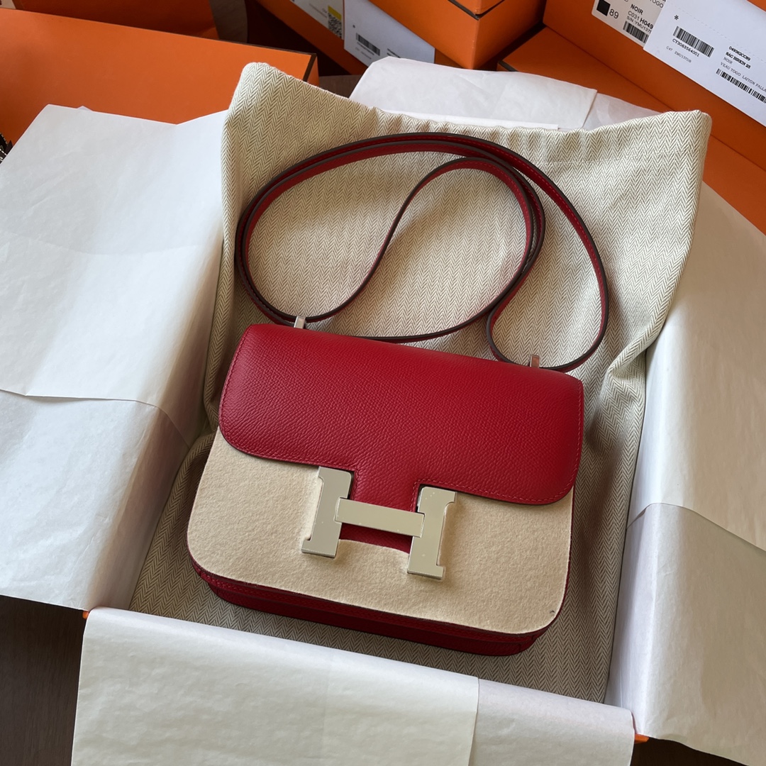 Hermes Constance Crossbody & Shoulder Bags Red Silver Hardware Epsom Mini