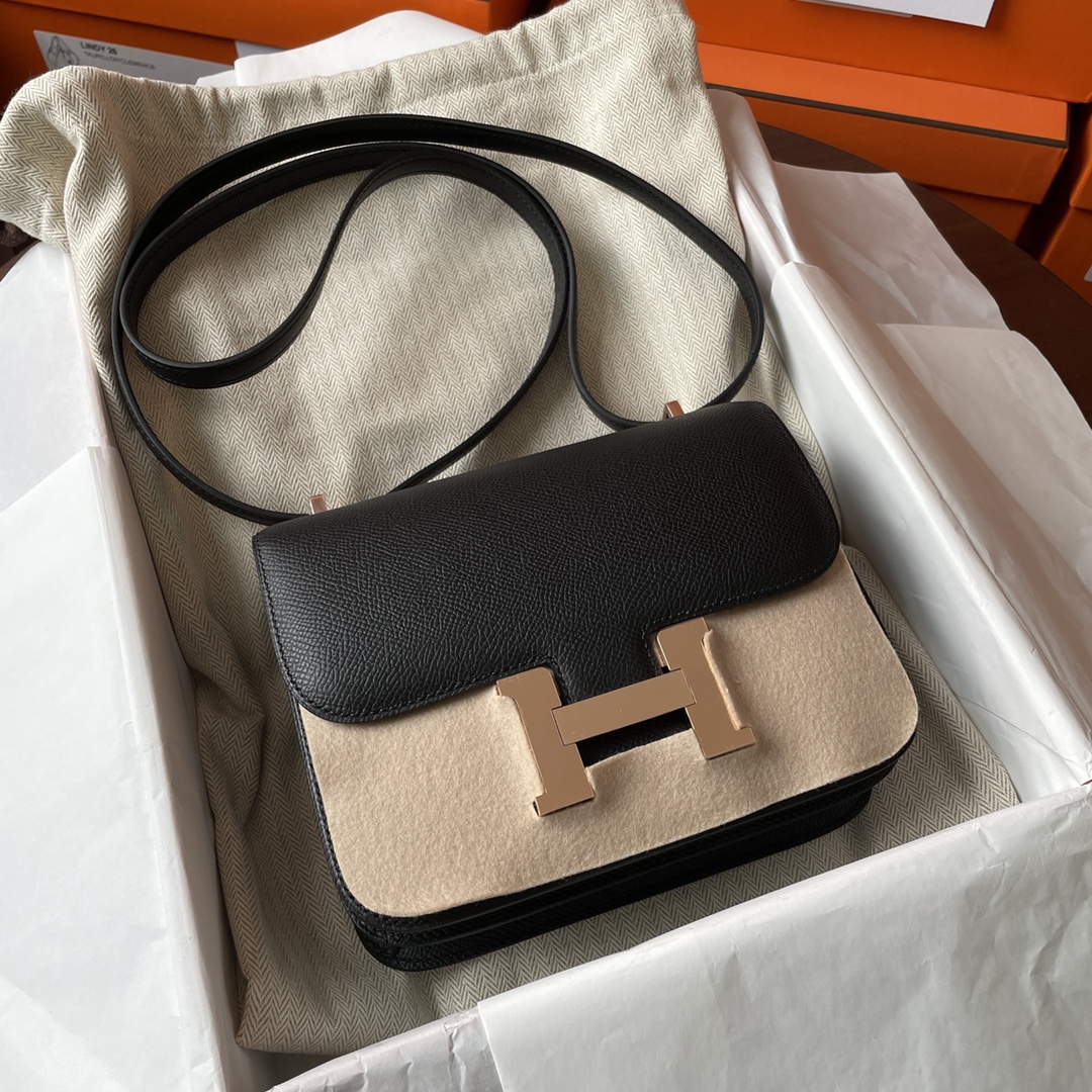 Hermes Constance Crossbody & Shoulder Bags Black Rose Gold Hardware Epsom Mini