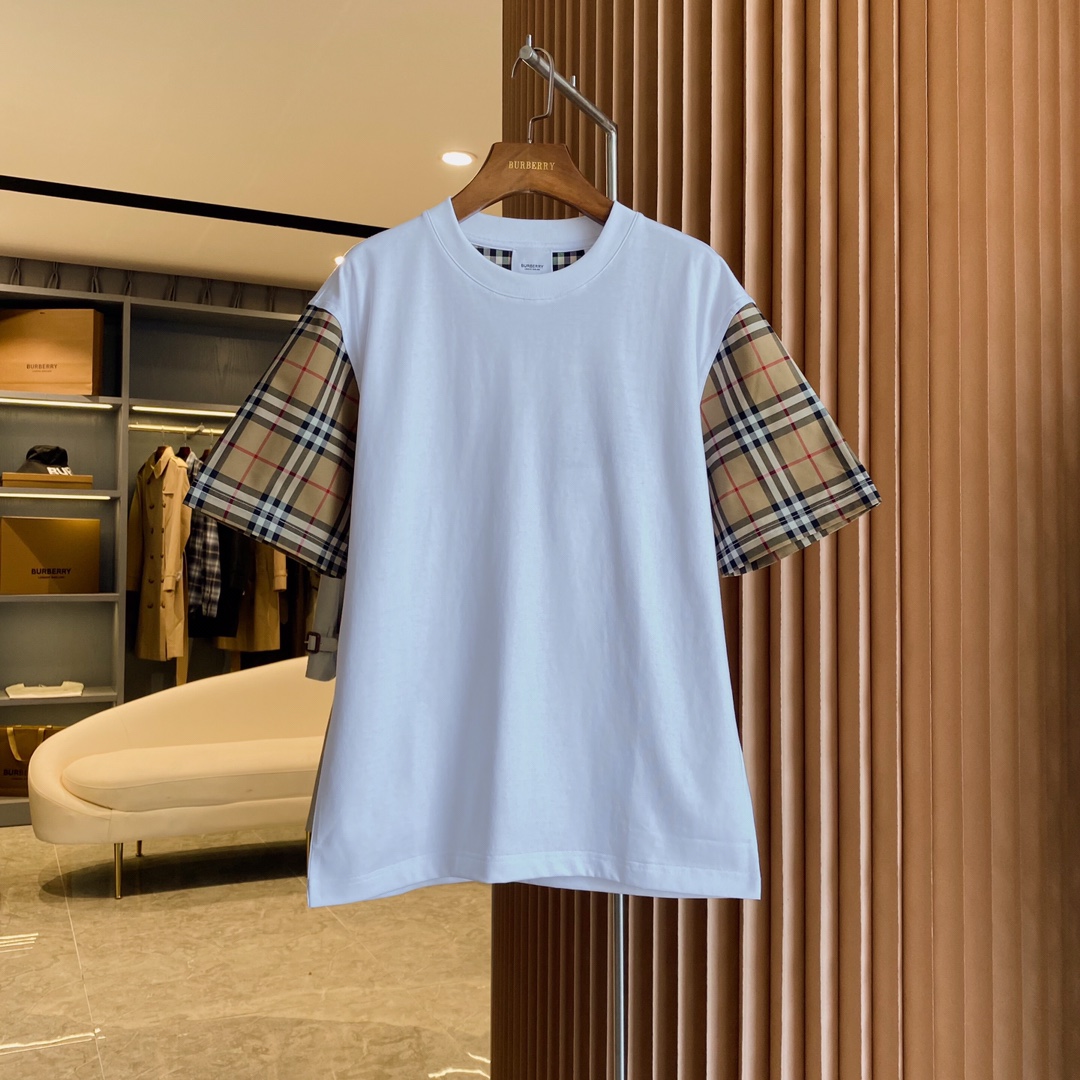 Burberry BBR 巴宝莉 Vintage 格纹袖臂装饰棉质 短袖T 恤衫