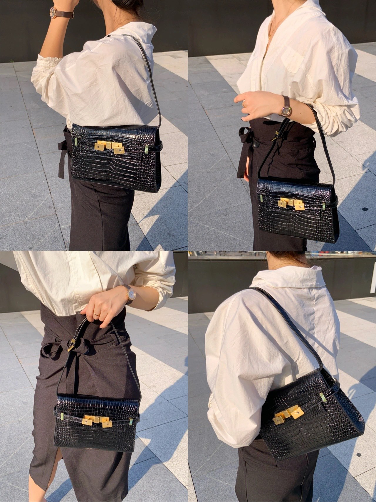 YSL 𝙈𝙖𝙣𝙝𝙖𝙩𝙩𝙖𝙣 𝟮𝟰𝙘𝙢 鳄鱼纹法棍包 675626黑色/金扣