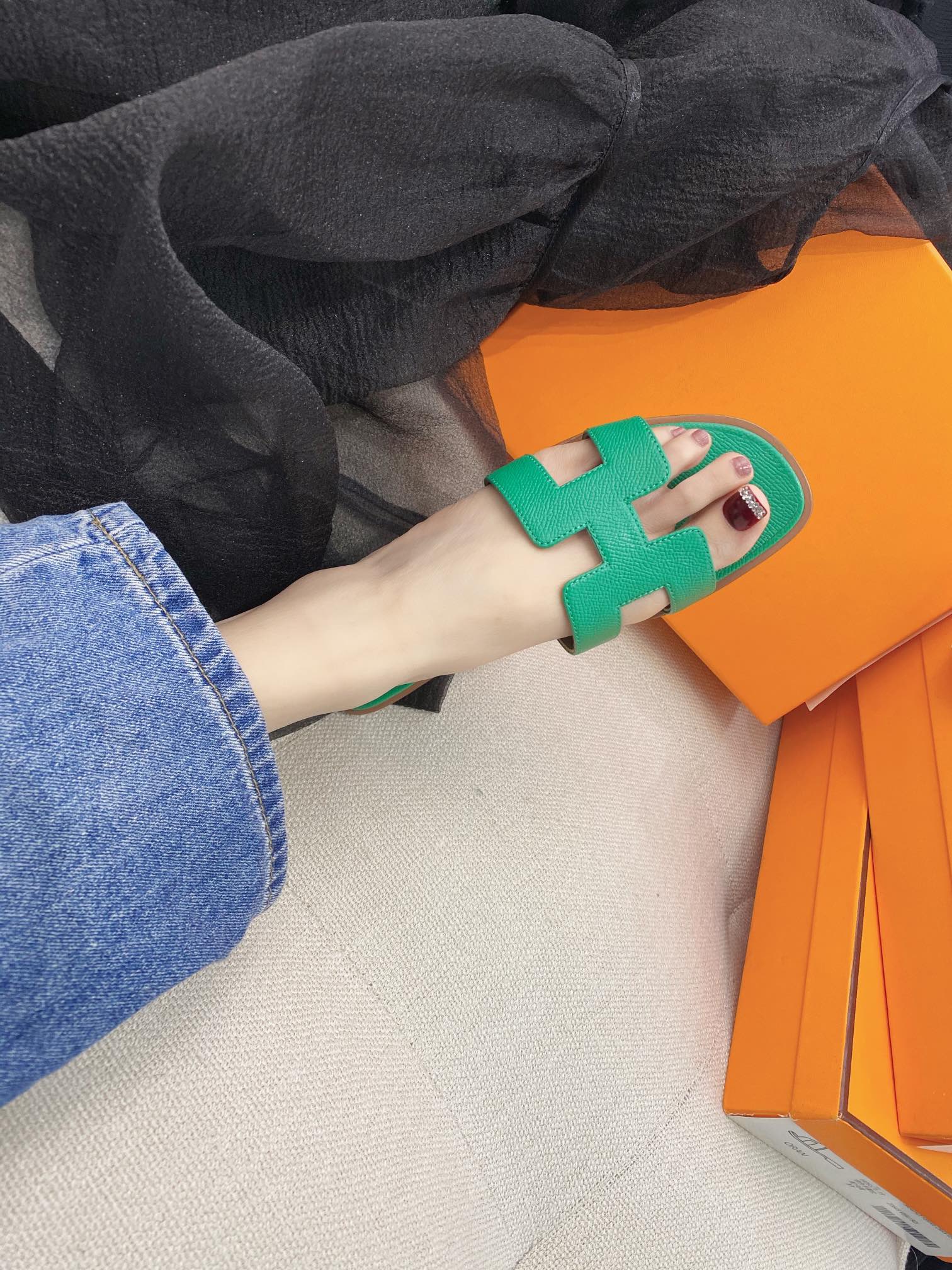 NO:253958,Emerald green palm print-H flat-soled Oran slippers, slippers19860909翡翠绿手掌纹-H平底Oran拖鞋,拖鞋,slippers,Women's Shoes