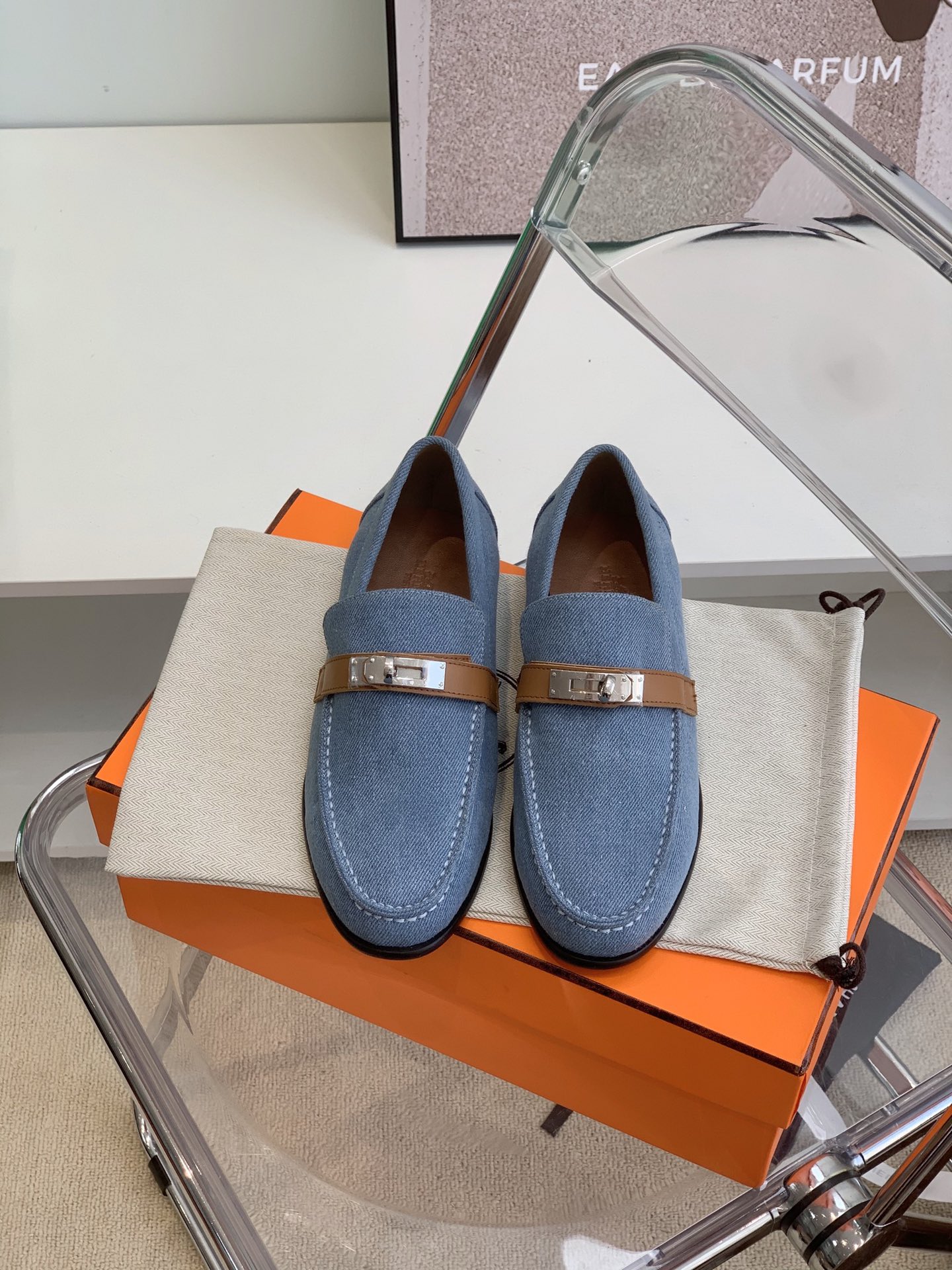 Hermes Kelly Shoes Loafers Denim Genuine Leather Sheepskin