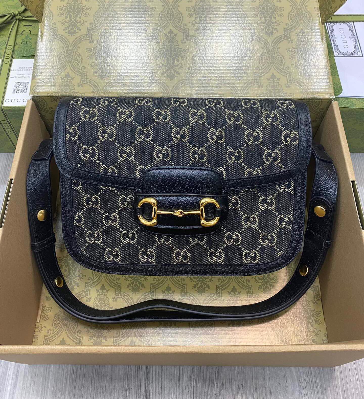 GUCCI GG 黑牛仔 马鞍包 中号
