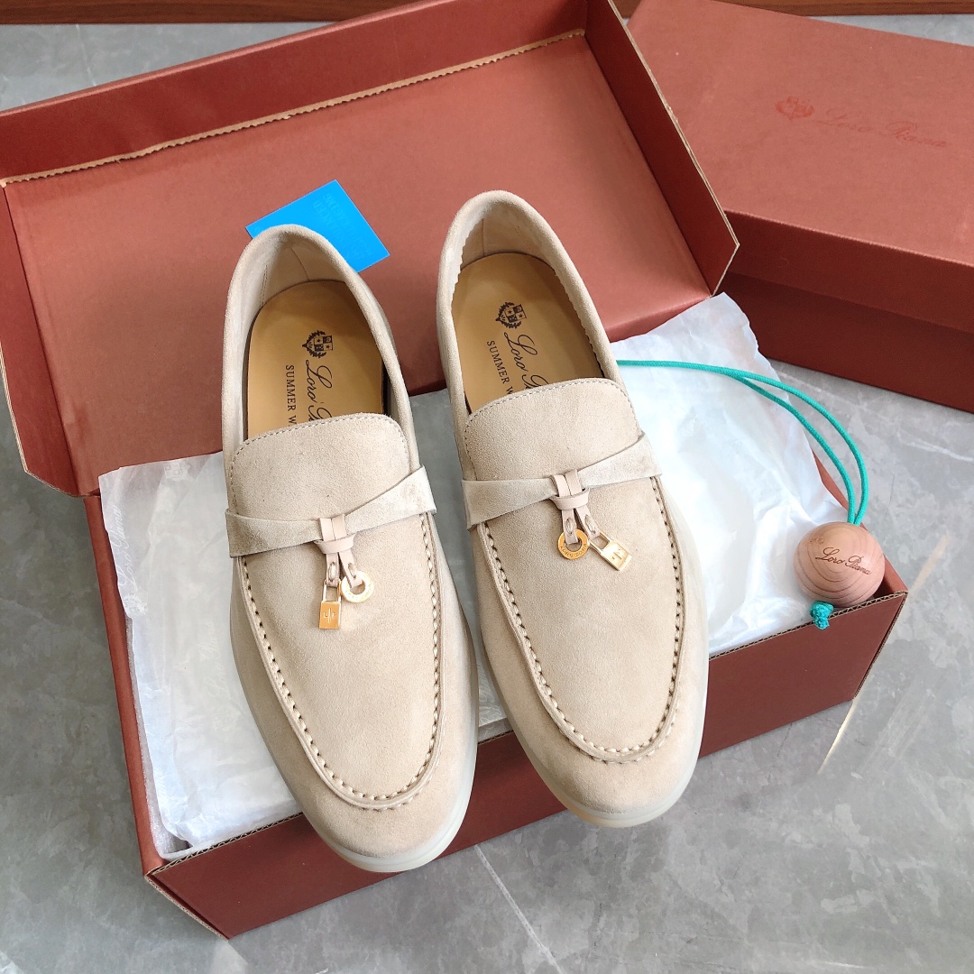 Loro Piana Shoes Loafers Apricot Color Black Blue Caramel Coffee Dark Green Grey Light Pink White Yellow Unisex Chamois Cowhide Rubber Sheepskin Summer Collection