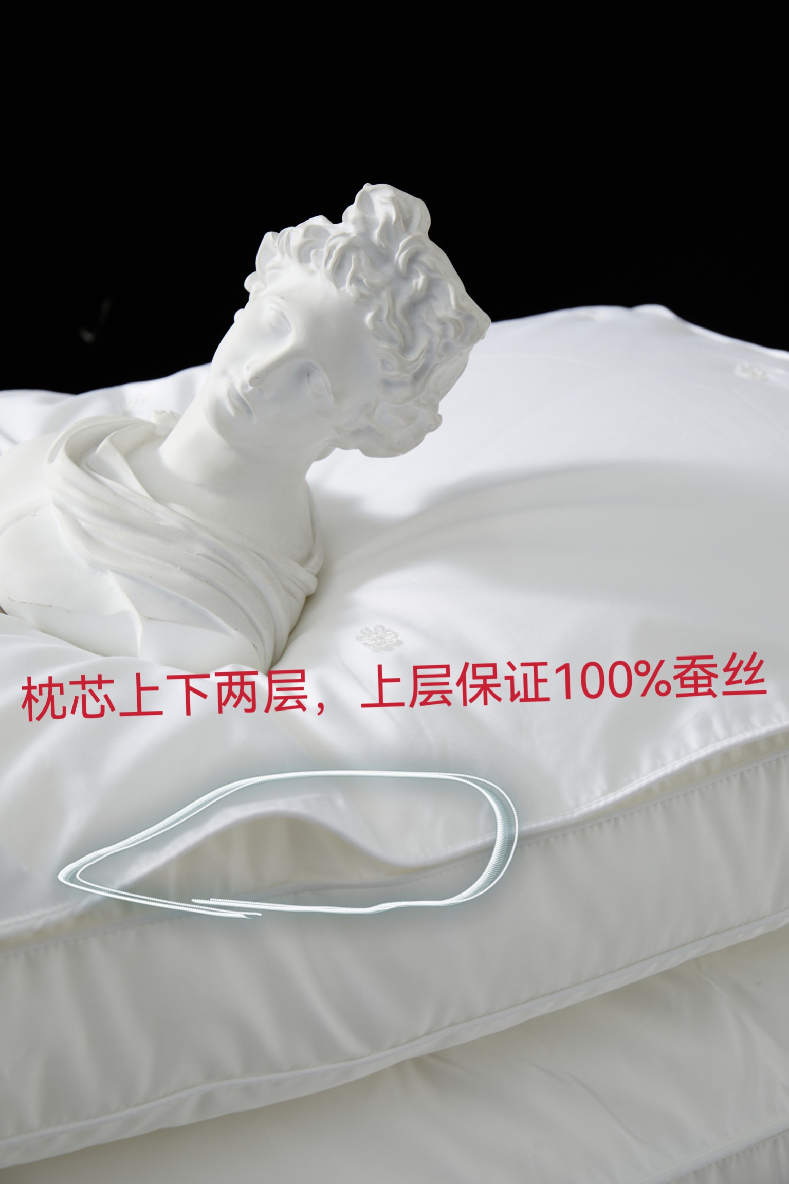 枕芯上下两层,上层100%蚕丝填充有检测口 4