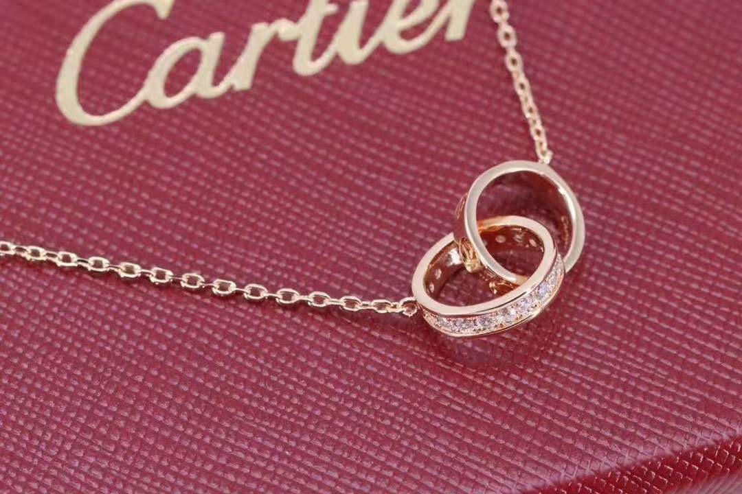 Cartier 卡家玫瑰金 LOVE满钻螺丝双环 锁骨项链