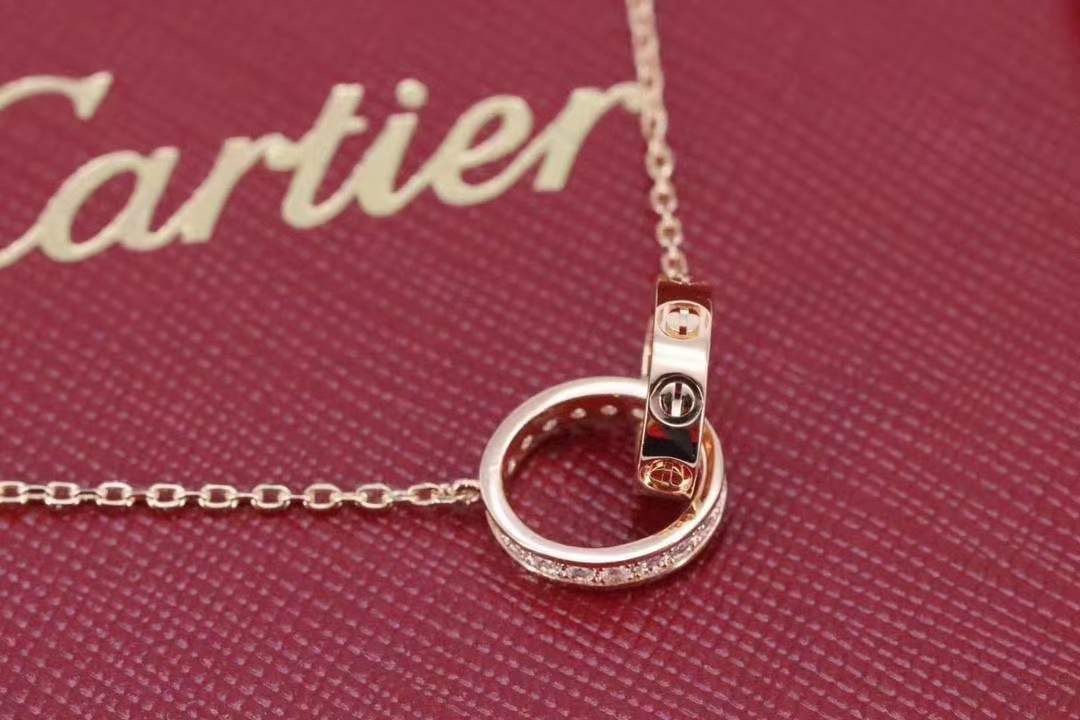 Cartier 卡家玫瑰金 LOVE满钻螺丝双环 锁骨项链