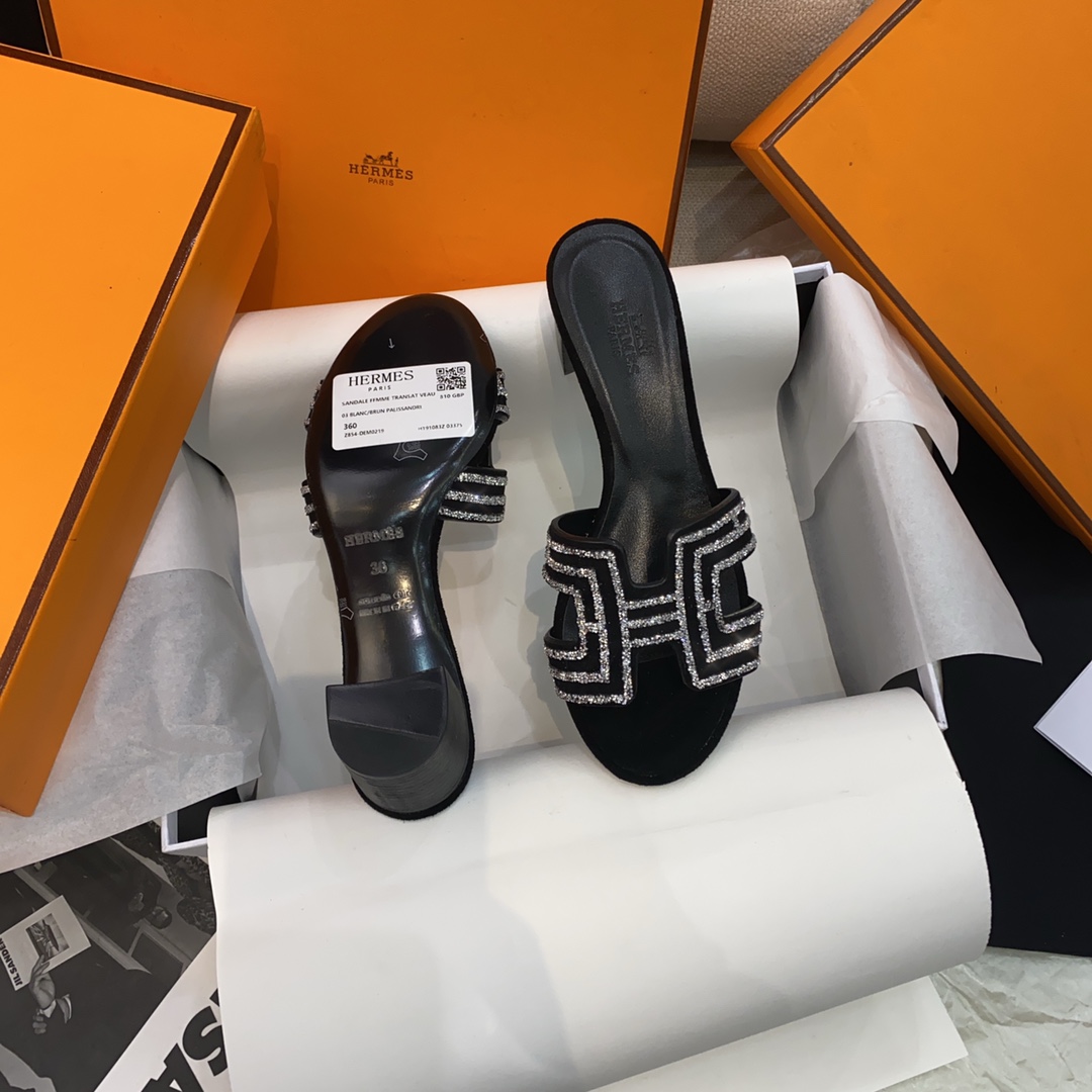Hermès herme*爱马仕最新闪钻Oasis中跟H拖鞋，有货~