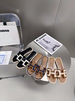 Hermes Shoes Slippers Black Blue Brown White Splicing Canvas Cowhide Genuine Leather Rubber Sheepskin