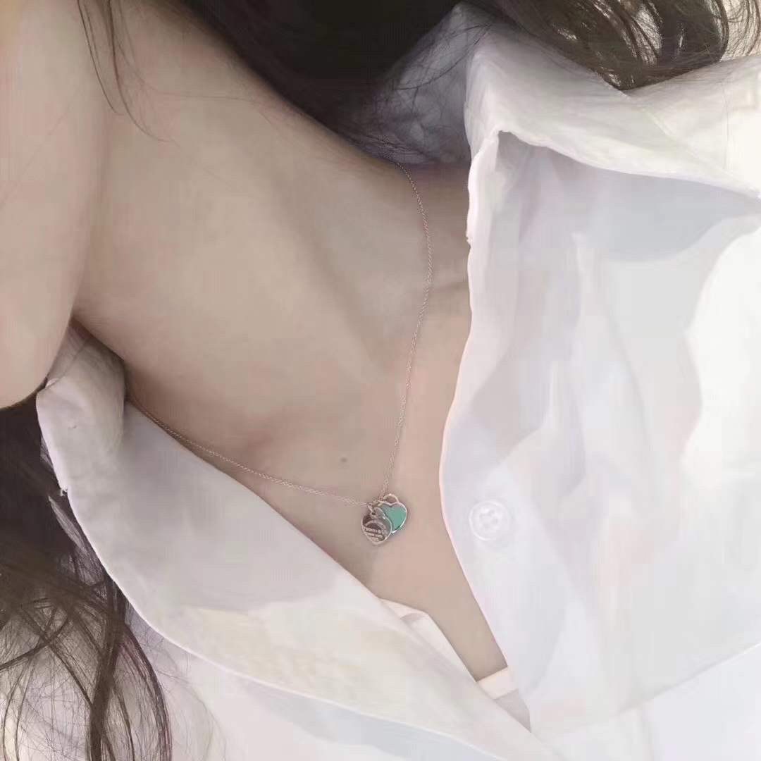 Tiffany & Co. Tiffany双心形珐琅蓝心、粉心爱心吊坠项链