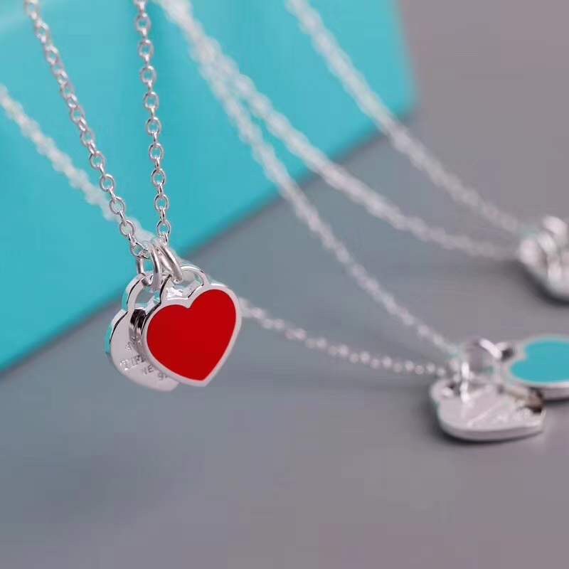 Tiffany & Co. Tiffany双心形珐琅蓝心、粉心爱心吊坠项链