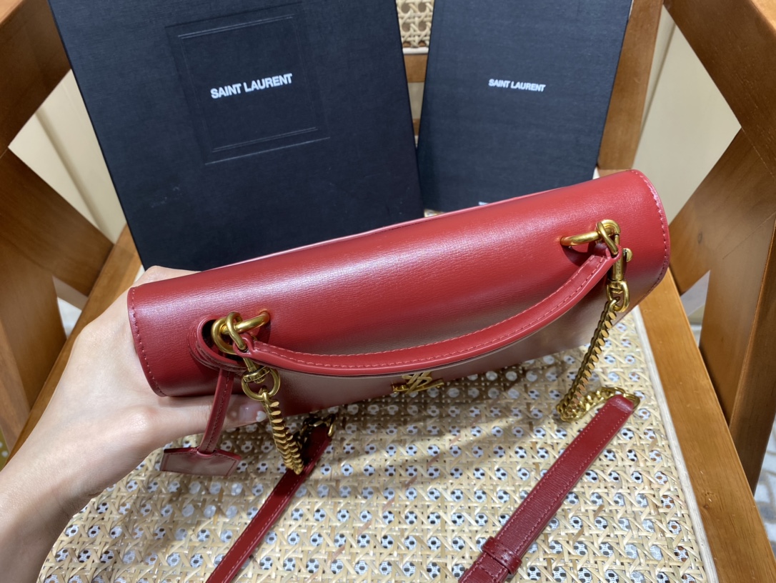 YSL 𝙉𝙚𝙬 𝙢𝙚𝙙𝙞𝙪𝙢 𝙨𝙪𝙣𝙨𝙚𝙩 25CM 牙签纹日落包 634723酒红色/金扣