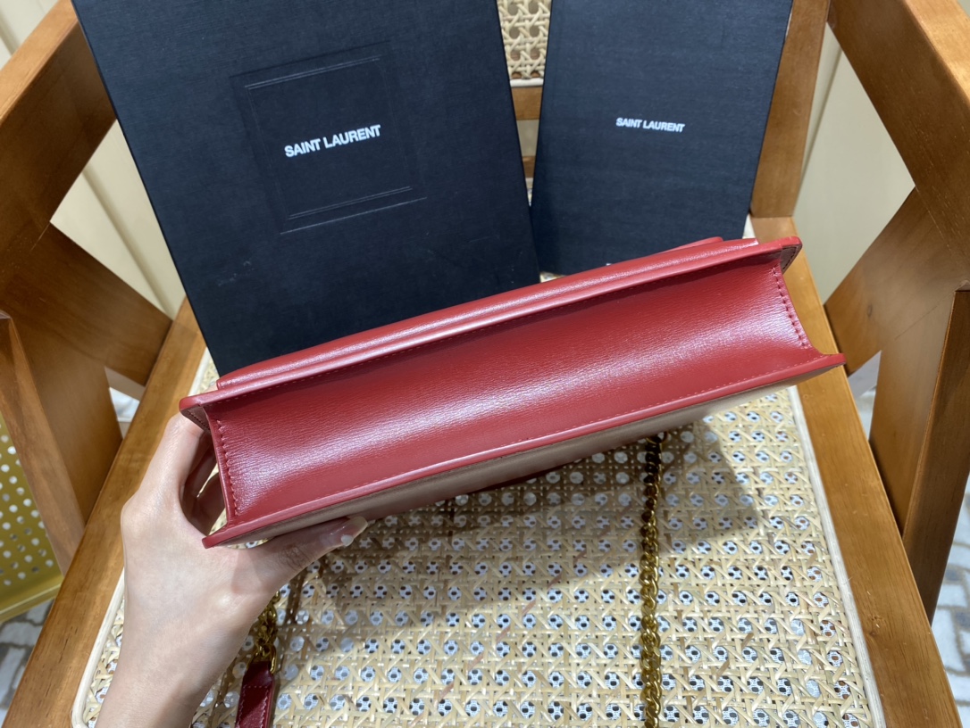 YSL 𝙉𝙚𝙬 𝙢𝙚𝙙𝙞𝙪𝙢 𝙨𝙪𝙣𝙨𝙚𝙩 25CM 牙签纹日落包 634723酒红色/金扣