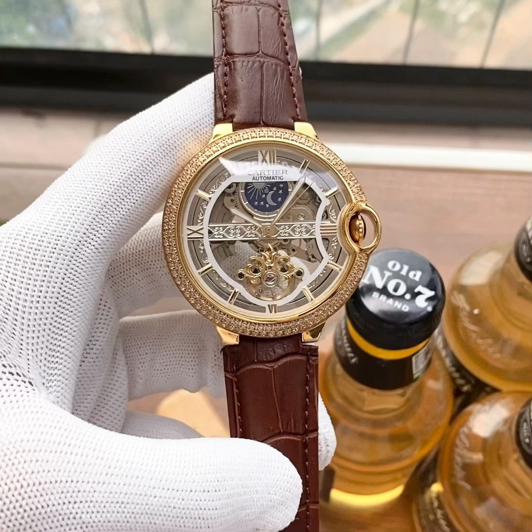 Cartier Watch Men Calfskin Cowhide Mechanical Movement Strap