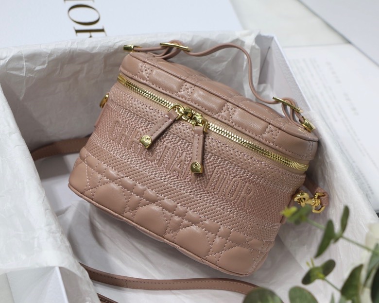 Dior Travel Lambskin Cannage Vanity Case Handbag with Shoulder Strap