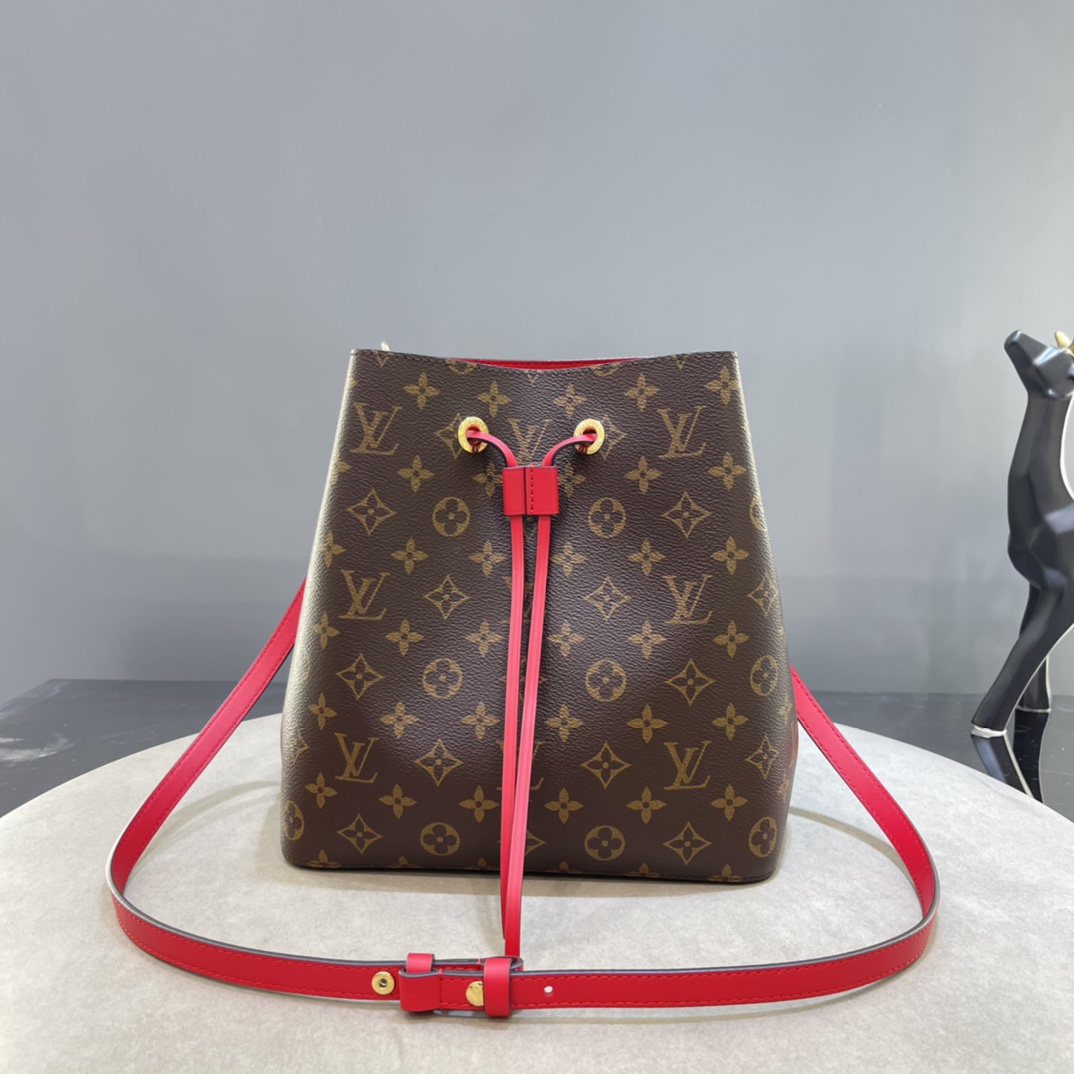 Louis Vuitton LV NeoNoe Bucket Bags Gold Red Monogram Canvas Calfskin Cowhide Spring Collection