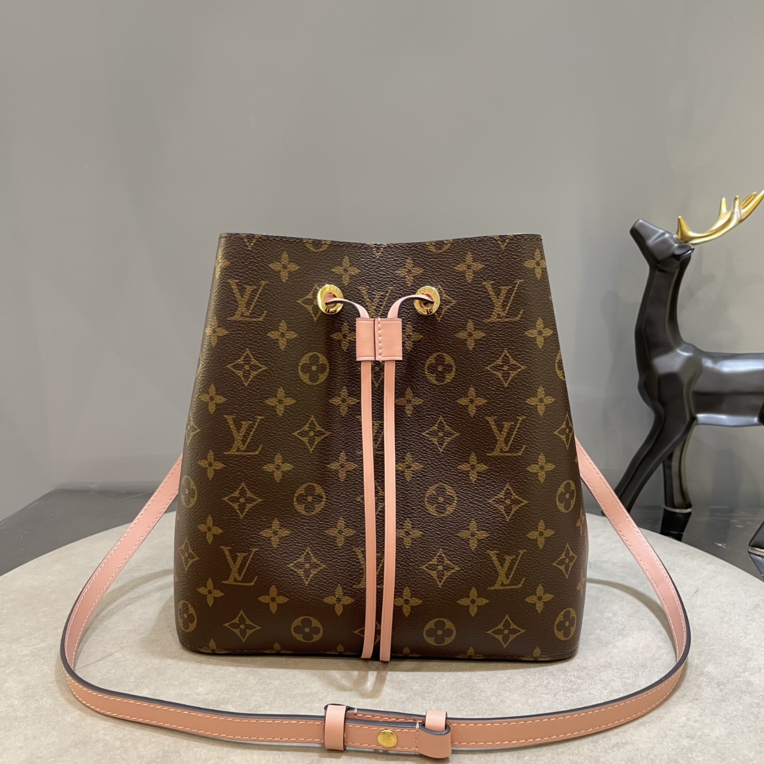 Louis Vuitton LV NeoNoe Bucket Bags Gold Pink Monogram Canvas Calfskin Cowhide Spring Collection