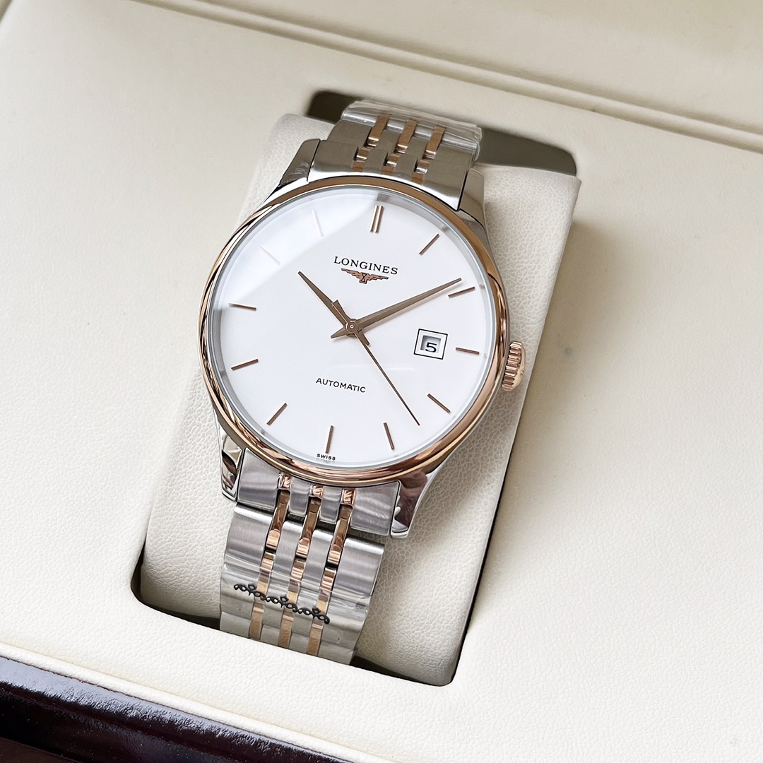 简约大方 时尚热卖浪琴  Longines  男士腕表 全自动机械机芯 矿物强化玻璃 316L精钢表壳 精钢表带 商务休闲 优雅精致 尺寸:直径40mm 厚度12mm