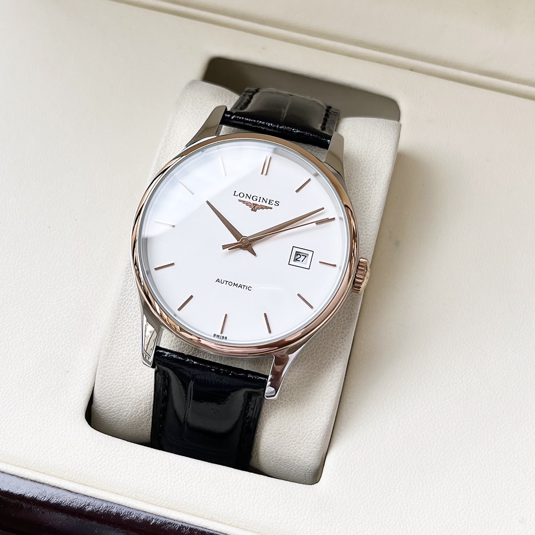 简约大方 时尚热卖浪琴  Longines  男士腕表 全自动机械机芯 矿物强化玻璃 316L精钢表壳 真皮表带 商务休闲 优雅精致 尺寸:直径40mm 厚度12mm