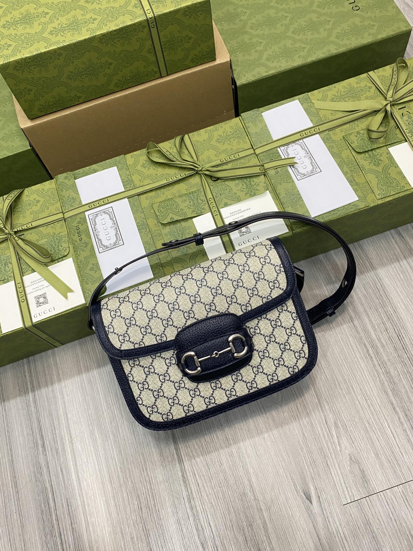 GUCCI 馬鞍包 老花 深藍 小號