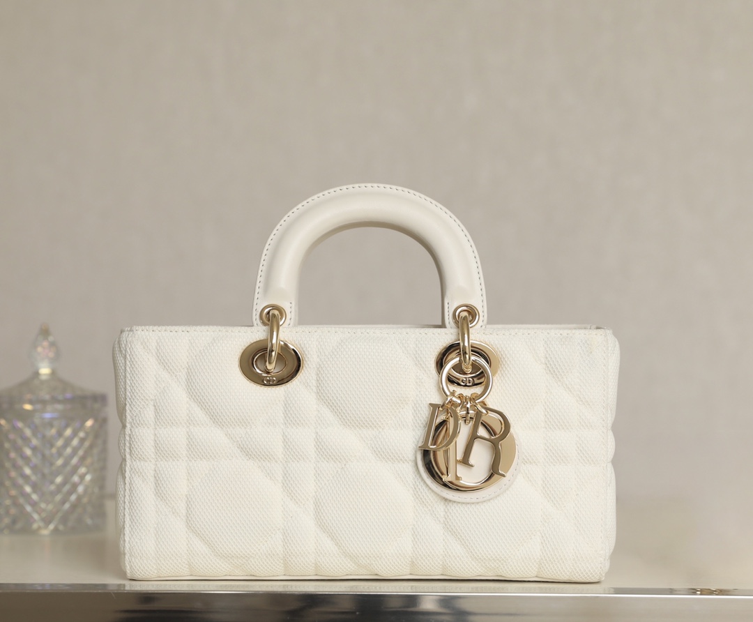 Dior Lady Bags Handbags Gold White Canvas Chains