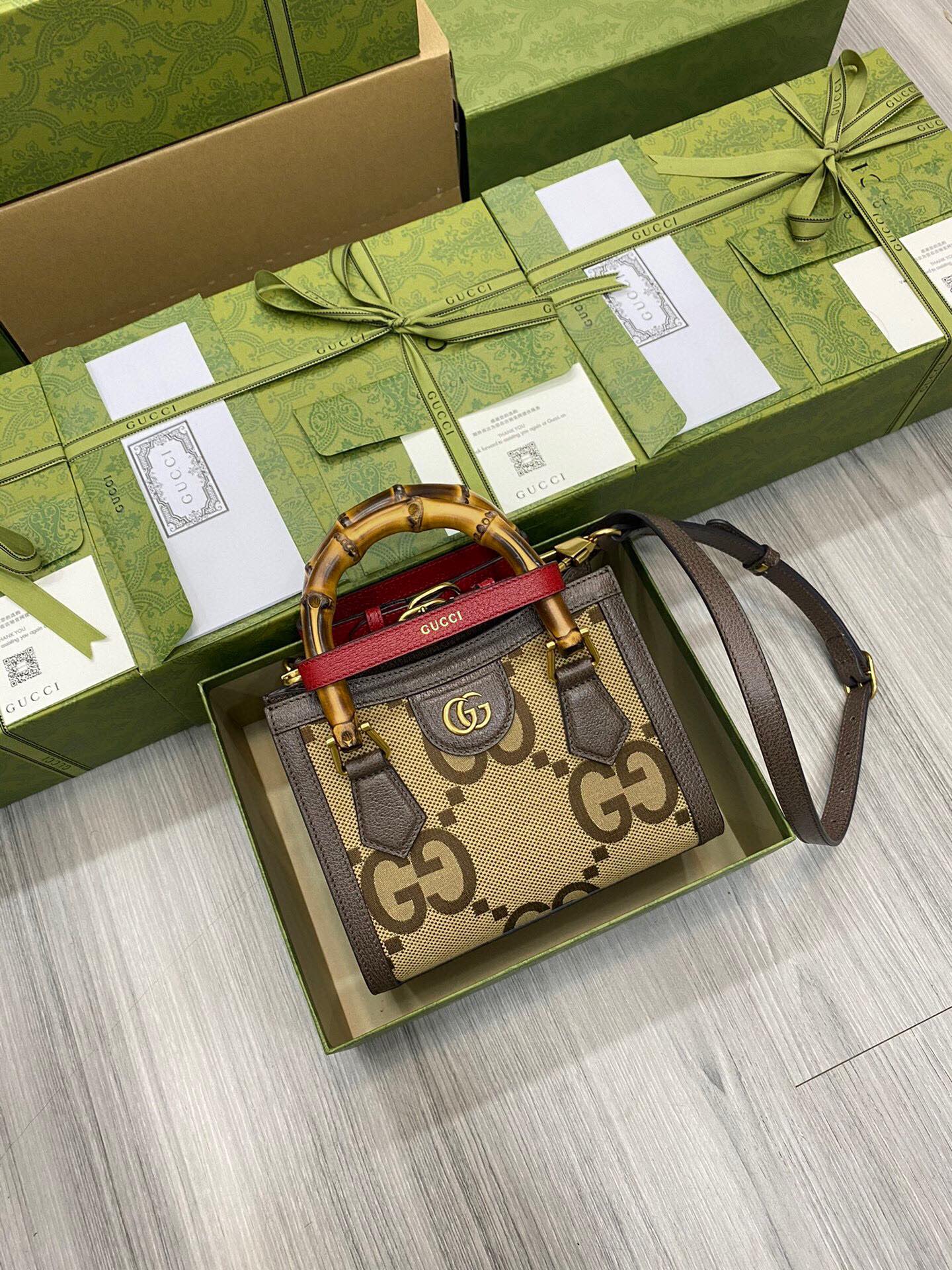 GUCCI Diana Double G Pattern Bamboo Mini Tote Bag