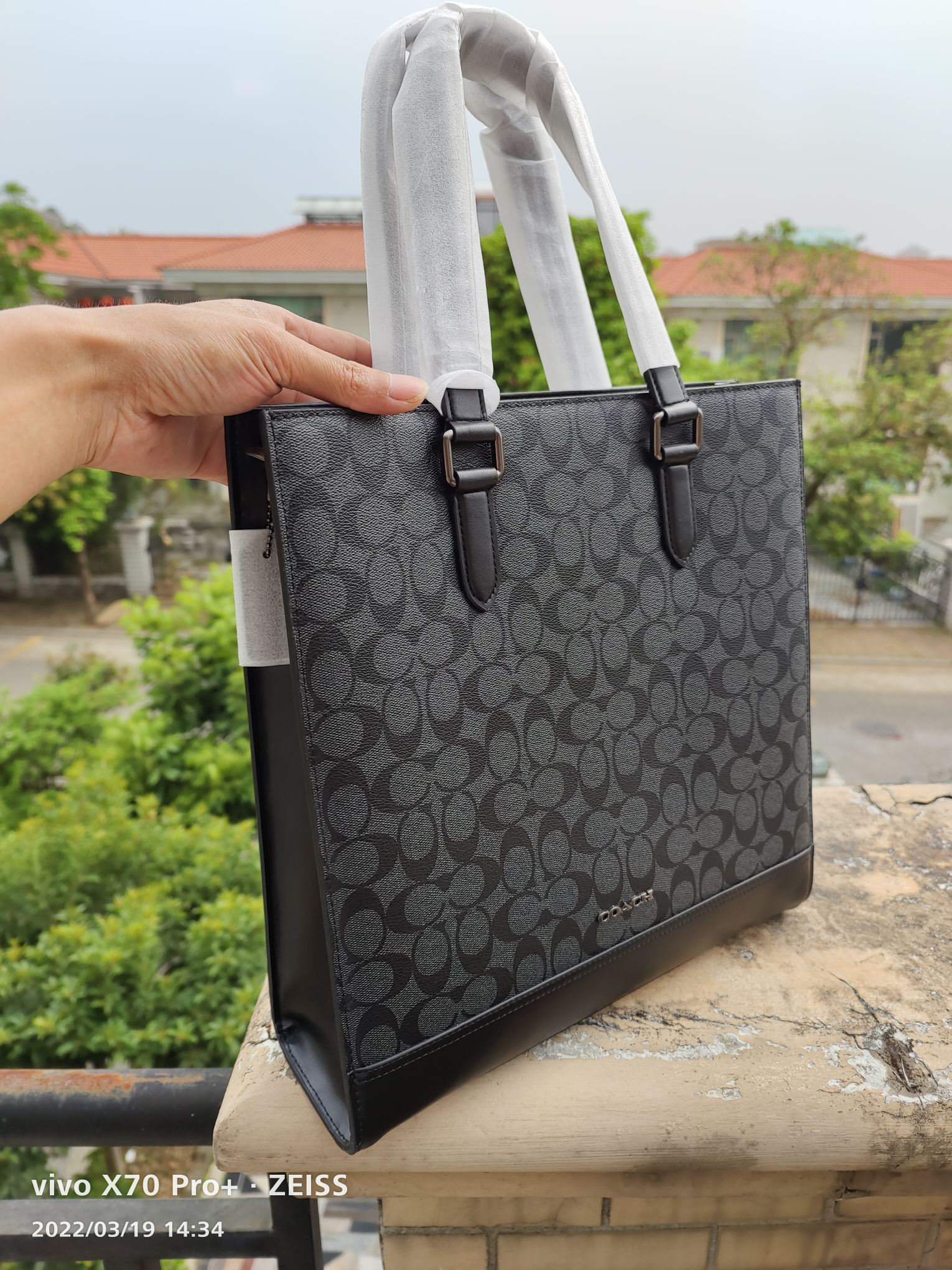 Coach 新款男包VARSITY条纹GRAHAM托特包黑色c3232单肩斜挎手提公文包6707卡其，尺寸35.37.8