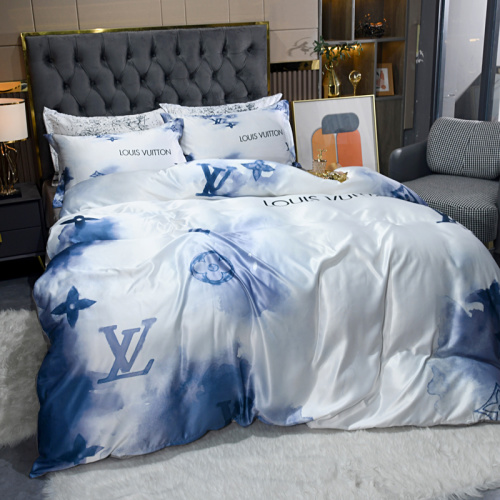 Louis Vuitton Inspired Blue & White Silk Washed 4-Piece Bedding Set, Luxury Bed Set 1 Louis Vuitton Inspired Blue & White Silk Washed 4-Piece Bedding Set, Luxury Bed Set