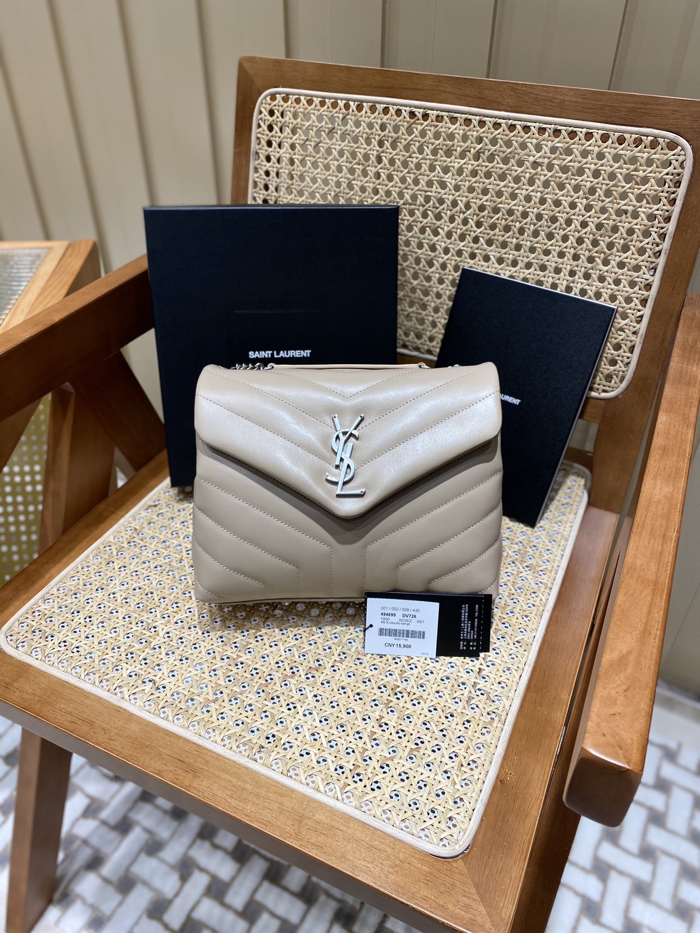 YSL LOULOU 23CM Y型绗缝链条包 494699杏色/银扣