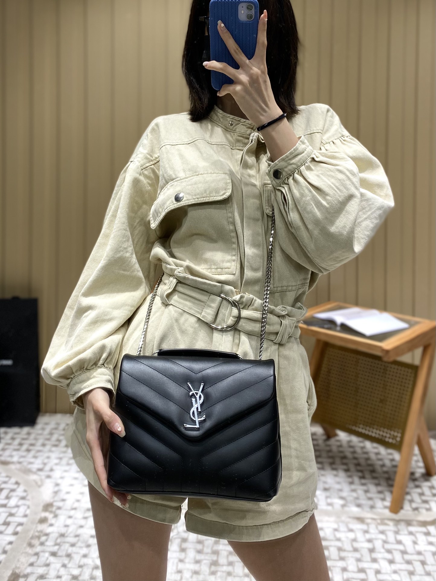 YSL LOULOU 23CM Y型绗缝链条包 494699黑色/银扣