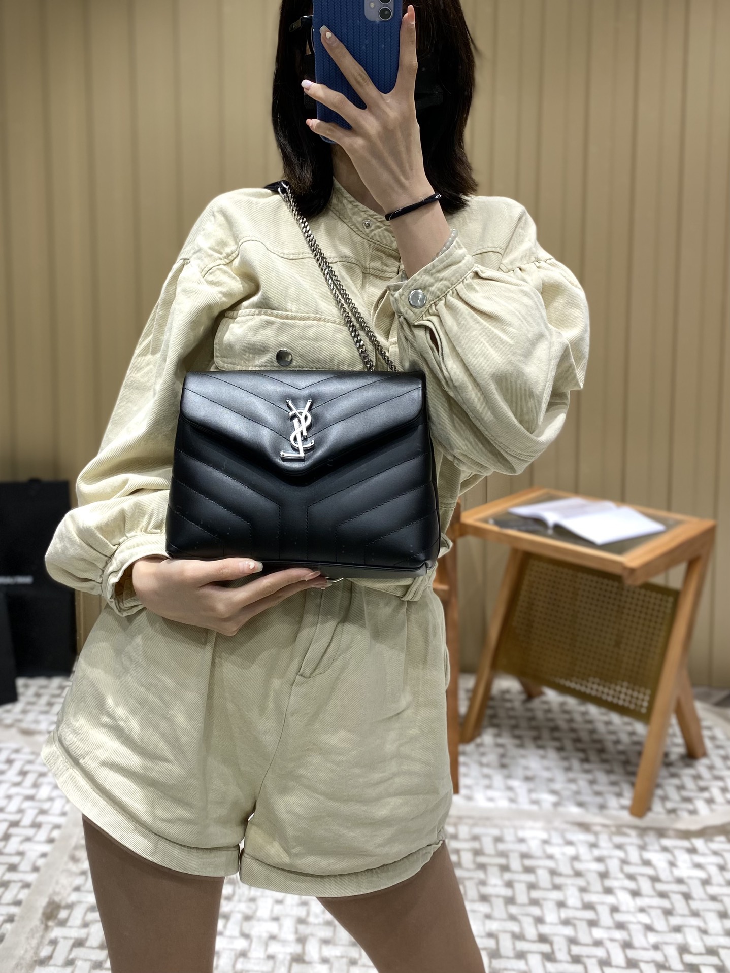 YSL LOULOU 23CM Y型绗缝链条包 494699黑色/银扣