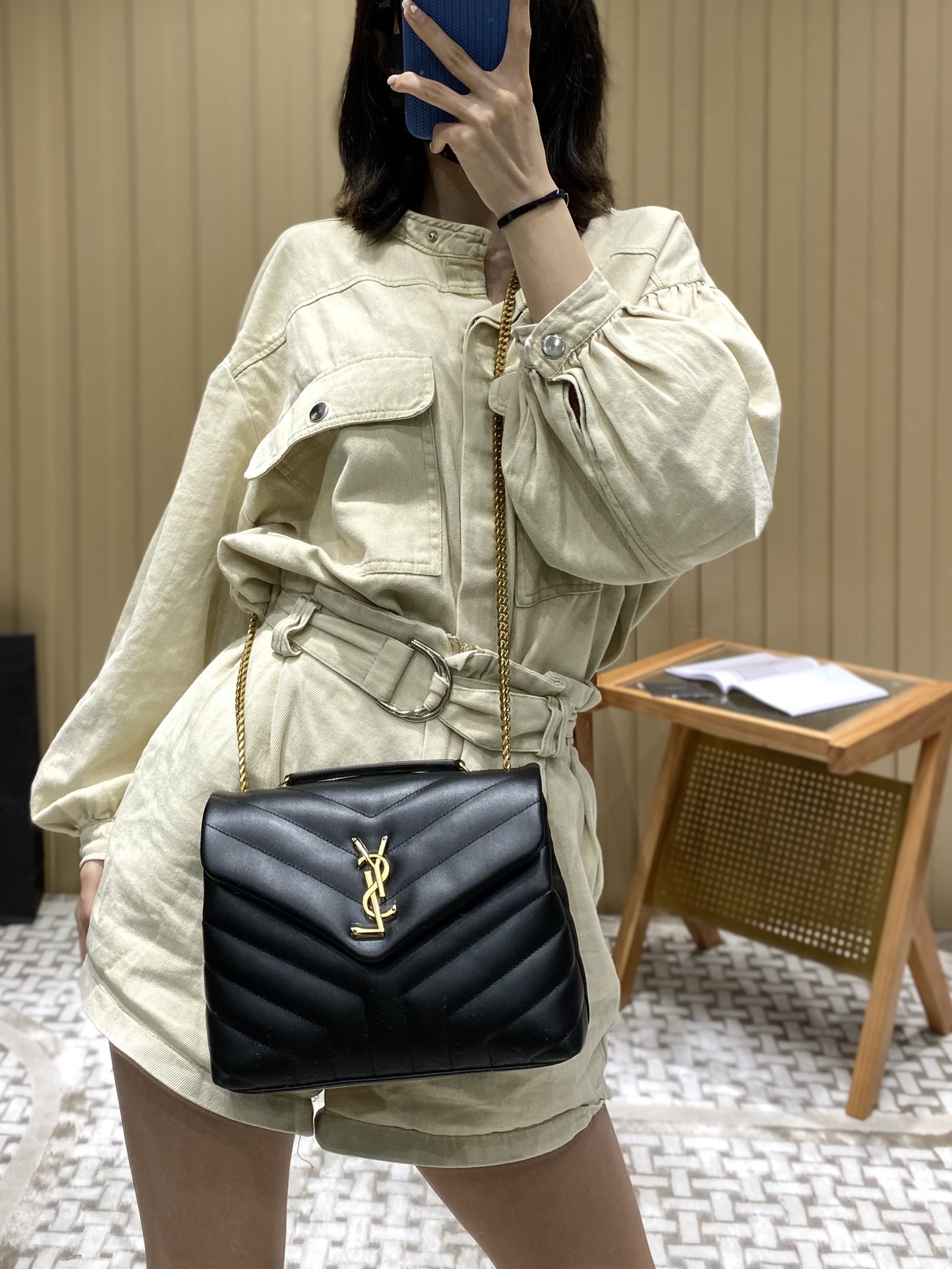 YSL LOULOU 23CM Y型绗缝链条包 494699黑色/金扣
