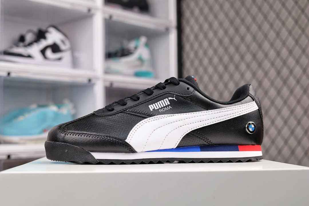 G0 公司级 赛道精神街头风，联乘著名全球汽车制造BMW宝马赛车运动系列 x Puma Roma M Motorsport 罗马阿莫尔系列低帮复古运动休闲赛车跑鞋“皮革黑白宝蓝红BMW宝马”663ZJR