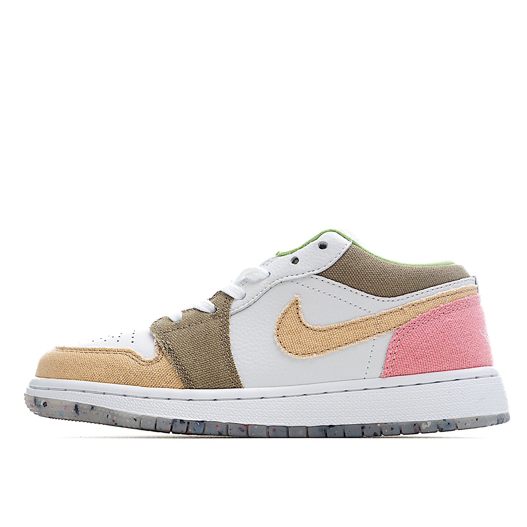 H0 女神配色 AIR JORDAN 1 LOW ES 夏日缤纷 拼接整双鞋采用环保帆布材质打造，提升整体质感，体现绿色环保理念。鞋面以白色呈现，搭配粉、棕、黄色的鞋身框架，撞色效果给人清新自然的视觉效果。鞋舌飞人 Logo 与鞋侧飞翼细节得以保留，延续了标志性经典元素。 外底采用颇具颗粒感的环保材料制成，体现可持续发展的理念。