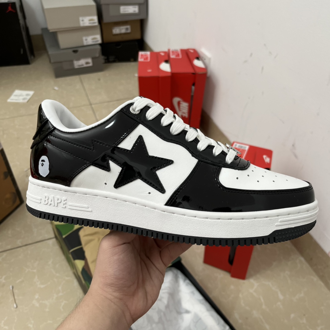 Bape Sta Low charol blanco y negro, lo mejor al mismo precio, presta atención al arco plano de la puntera