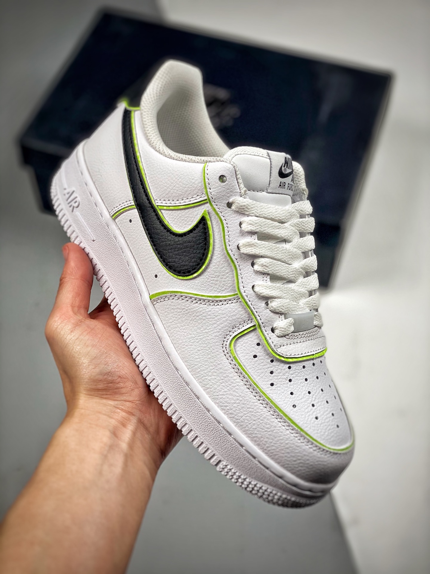 Nk Air Force 1 Low Air Force 1 white green black swoosh, original last and original cardboard, creating authentic Air F…