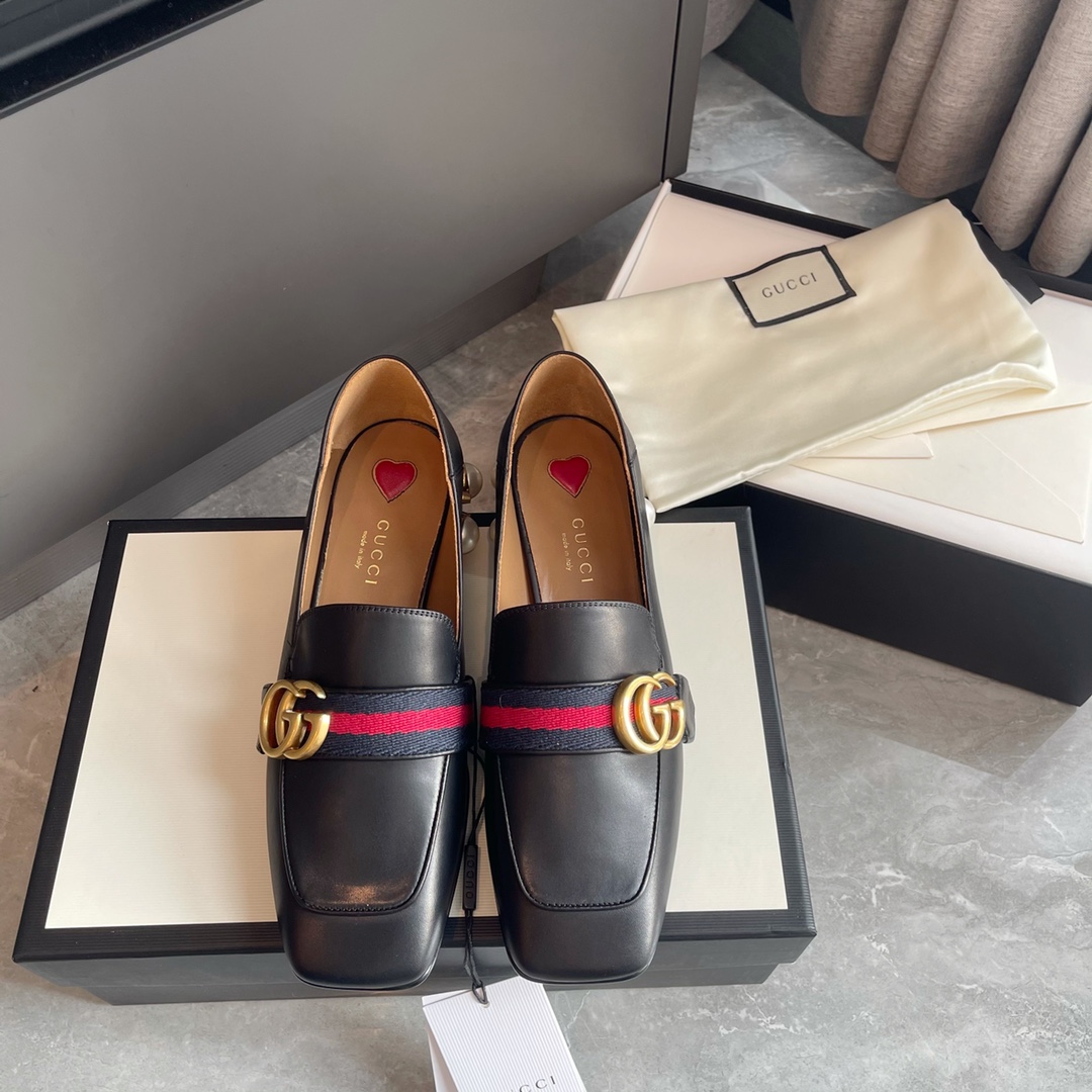 GUCCI 乐福鞋 黑色皮革 马衔扣 珍珠跟